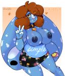  2018 amber_eyes anthro areola arnachy big_breasts breasts brown_hair clothed clothing collar digital_media_(artwork) english_text exposed_breasts female geeflakes_(character) hair hi_res huge_breasts lagomorph looking_at_viewer mammal monster nipples one_eye_closed pink_nose rabbit smile solo text url v_sign wink 
