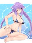  ;o bikini bikini_pull black_bikini blue_eyes blush braid breasts dura feet groin highres large_breasts navel neptune_(series) one_eye_closed open_mouth outstretched_leg power_symbol purple_hair purple_heart solo string_bikini swimsuit symbol-shaped_pupils thighs twin_braids twintails 