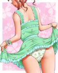  ass brown_hair commentary_request dr_rex dress dress_lift from_behind idolmaster idolmaster_cinderella_girls lifted_by_self ogata_chieri panties print_panties short_hair solo underwear 