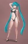  1girl arm_behind_head arm_up armad black_footwear black_swimsuit blue_eyes blue_hair breasts collarbone erect_nipples female full_body hatsune_miku high_heels highres legs_apart long_hair looking_at_viewer matching_hair/eyes medium_breasts navel navel_cutout one-piece_swimsuit open_mouth pubic_hair pubic_hair_peek sandals smile solo standing swimsuit tied_hair twintails very_long_hair vocaloid 