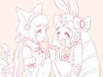  animal_ears bell bow bunny_ears cat_ears cat_tail closed_eyes d0o00o0b elise_(fire_emblem_if) fire_emblem fire_emblem_heroes fire_emblem_if fur_trim gloves hair_bow headband holding_hands long_hair monochrome multiple_girls open_mouth pink_background sakura_(fire_emblem_if) short_hair simple_background smile tail twintails 