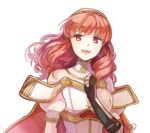  arm_guards bare_shoulders black_gloves breastplate celica_(fire_emblem) commentary detached_collar fingerless_gloves fire_emblem fire_emblem_echoes:_mou_hitori_no_eiyuuou gloves hairband long_hair open_mouth red_eyes red_hair simple_background solo white_background yukimiyuki 