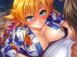  1boy 1girl animal_print blonde_hair blue_eyes blue_kimono blush breast_press breasts cleavage curvy eyebrows_visible_through_hair female fish_print full-face_blush grass happy hetero igawa_sakura japanese_clothes kagami_hirotaka kimono large_breasts lilith-soft night no_bra obi orange_hair sandals sash shiny shiny_hair shiny_skin short_hair smile squatting summer_festival sweat taimanin_(series) taimanin_asagi taimanin_asagi_battle_arena yukata 