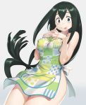  animal_print apron asui_tsuyu bangs boku_no_hero_academia breasts commentary covered_nipples cowboy_shot dark_green_hair fingernails frog_print green_apron green_eyes green_hair hair_between_eyes hair_rings highres large_breasts long_fingernails long_hair looking_at_viewer mhk_(mechamania) naked_apron simple_background tongue tongue_out 