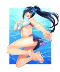  1girl aoi_ch. barefoot beauty_mark bikini blue_eyes blue_hair feet fuji_aoi hairband long_hair looking_at_viewer open_mouth ponytail soles solo swimsuit toes 