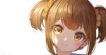  :3 bangs blush brown_hair closed_mouth eyebrows_visible_through_hair face hair_ornament hair_scrunchie head_tilt light looking_at_viewer poptepipic popuko portrait ryota_(ry_o_ta) scrunchie short_hair short_twintails sidelocks signature simple_background solo twintails white_background yellow_eyes yellow_scrunchie 