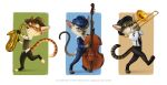  2016 5_fingers anisis anthro blue_eyes cat clothed clothing digital_media_(artwork) feline green_eyes group male mammal musical_instrument open_mouth teeth tongue 