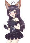  ahoge animal_ears black_dress black_eyes black_gloves black_hair commentary_request dog_ears dress elin_(tera) fang gloves highres jd_(bibirijd) jewelry long_hair necklace no_tail open_mouth short_dress solo tera_online 