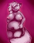  anthro bedroom_eyes belly big_belly breasts canine combatraccoon deep_navel female fluffy fluffy_tail fox fupa half-closed_eyes mammal navel nude pink_background pinup pose seductive simple_background slightly_chubby soft solo sophie_(xausr32) teasing 