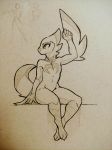  3_toes 5_fingers anthro avian black_and_grey claws eyebrows full-length_portrait grey_background hair looking_away markings nude portrait qualzar raised_arm short_hair simple_background sitting sketch solo tail_markings toe_claws toes wide_hips winged_arms wings 