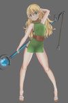  1girl arm_behind_head arm_up armad blonde_hair blue_eyes blush breasts dress elf fanny_pack female full_body green_dress grey_background high_heels highres holding holding_staff holding_weapon legs_apart long_hair medium_breasts original pointy_ears pouch sandals short_dress side_slit sideboob simple_background smile solo staff standing weapon 