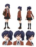  ayame_(gundam_build_divers) bag bangs black_hair black_legwear black_ribbon black_skirt blazer brown_footwear brown_jacket character_sheet fujisawa_aya_(gundam_build_divers) full_body gundam gundam_build_divers jacket long_hair long_sleeves looking_at_viewer multiple_views official_art purple_eyes ribbon school_bag school_uniform shoulder_bag side_ponytail skirt smile transparent_background 