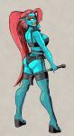  2018 animal_humanoid bra clothing eye_patch eyewear female fish fish_humanoid fishnet_clothing fishnet_legwear footwear garter_belt garter_straps grey_background hair high_heels humanoid latchk3y legwear lingerie long_hair looking_back marine marine_humanoid mule_heels panties pinup pose red_hair riding_crop sandals simple_background solo stockings thigh_highs undertale undertale_(series) underwear undyne wedge_(footwear) whip 