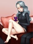  barefoot breasts brown_eyes coffee cup earrings feet grey_hair jewelry long_hair looking_at_viewer mug nail_polish niijima_sae panties persona persona_5 red_eyes simple_background soles solo spewing_mews underwear 