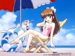  90s bare_shoulders beach beach_umbrella blue_eyes bow brown_hair collarbone company_name copyright crossed_legs dated day hair_ribbon hand_to_head innertube long_hair looking_at_viewer megami_paradise official_art one-piece_swimsuit open_mouth outdoors parfait pastel_(megami_paradise) pink_swimsuit ribbon sandals sitting swimsuit umbrella 