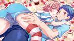  androgynous ass ass_grab blue_hair blush cake closed_mouth commentary_request cover cover_page doujin_cover food ichijou_shin king_of_prism_by_prettyrhythm looking_at_viewer male_focus multiple_boys open_mouth pink_background pink_hair pretty_rhythm pudding red_eyes sailor_collar sailor_shirt saionji_reo shakeko_(shake5) shirt shirt_under_shirt short_sleeves shorts strawberry_shortcake striped striped_legwear striped_shirt thighhighs yaoi 