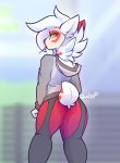  2018 amber_eyes anthro blue_sky butt clothed clothing cloud day depth_of_field ear_markings ears_back eyebrows eyelashes facial_markings female fence fully_clothed fur garter_belt garter_straps grey_topwear hair hoodie kae_esrial leggings legwear looking_at_viewer looking_back mammal markings mouth_hold neck_tuft outside pants portrait qualzar rear_view red_bottomwear red_markings red_nose short_hair signature sky solo standing tail_markings tan_fur tarunah three-quarter_portrait tuft white_hair white_tail 