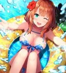  ;d aqua_eyes bare_shoulders bikini blue_bikini breasts brown_hair cleavage eyebrows_visible_through_hair flower front-tie_top hair_flower hair_ornament hibiscus highres innertube large_breasts looking_at_viewer navel one_eye_closed open_mouth original polka_dot polka_dot_bikini rin_yuu short_hair smile solo splashing summer swimsuit 