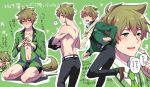  animal_ears ass belt blue_eyes blush boxer_briefs bulge collarbone dog_ears dog_tail dogboy dramatic_stars green_background green_hair green_neckwear idolmaster idolmaster_side-m kashiwagi_tsubasa kemonomimi_mode looking_at_viewer looking_down male_focus male_underwear multiple_views necktie outline scarf shakeko_(shake5) shirtless simple_background smile tail toned toned_male underwear undressing white_outline white_scarf 