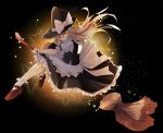  1girl apron black_background blonde_hair broom broom_riding dress hat kirisame_marisa kuro_nasu long_hair shoes solo star touhou white_legwear witch_hat wrist_cuffs yellow_eyes 