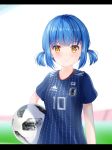  2018_fifa_world_cup ball blue_hair closed_mouth highres japan japanese_flag looking_at_viewer mosaic original smile soccer soccer_ball soccer_uniform solo sportswear telstar_18 twintails world_cup yellow_eyes zet_(zetart) 