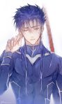  armor blue_bodysuit blue_hair bodysuit closed_eyes earrings fate/stay_night fate_(series) gae_bolg h_sueun hair_between_eyes jewelry lancer male_focus muscle parted_lips pauldrons polearm shoulder_armor solo spear upper_body weapon wet zelovel 