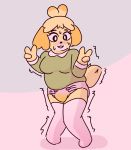  2015 animal_crossing anthro blush breasts canine clothed clothing diaper digital_media_(artwork) dog female fur isabelle_(animal_crossing) knock_kneed looking_at_viewer mammal nintendo omorashi peeing shaking shiba_inu simple_background smile solo standing sweat tinycatmom trembling urine v_sign video_games wetting yellow_fur 
