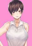  bangs bare_shoulders black_bra bra bra_through_clothes breasts brown_eyes brown_hair buttons closed_mouth collarbone collared_shirt earrings eyebrows_visible_through_hair hair_between_eyes hand_on_hip head_tilt highres jewelry large_breasts looking_at_viewer norman_maggot ol-chan_(norman_maggot) original partially_unbuttoned pink_background see-through shirt short_hair simple_background sleeveless sleeveless_shirt smile solo stud_earrings swept_bangs tsurime underwear upper_body very_short_hair white_shirt 