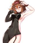  armpits asymmetrical_clothes asymmetrical_sleeves blush bodysuit breasts brown_eyes brown_hair commentary_request cosplay covered_navel eriyama_(user_csua4255) eyebrows_visible_through_hair hair_between_eyes hair_flaps hairband kantai_collection long_sleeves medium_breasts medium_hair murasame_(kantai_collection) murasame_(kantai_collection)_(cosplay) open_mouth red_hairband shiratsuyu_(kantai_collection) simple_background single_sleeve solo white_background 
