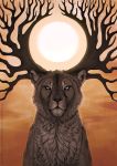  2016 anisis black_nose day detailed_background digital_media_(artwork) feline feral fur grey_fur horn hybrid mammal outside pale_eyes sitting sky solo sun 