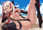  ahoge ass bangs beach black_legwear black_swimsuit blonde_hair blurry breasts closed_mouth dark_skin day depth_of_field detached_sleeves eyebrows_visible_through_hair fate/grand_order fate_(series) hair_between_eyes half_updo highres knee_up long_hair looking_at_viewer lying medium_breasts okita_souji_(alter)_(fate) okita_souji_(fate)_(all) on_back oota_yuuichi outdoors revealing_clothes shin_guards single_thighhigh slingshot_swimsuit solo swimsuit thighhighs thighs tsurime yellow_eyes 