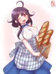  ;d ahoge alternate_costume apron artist_logo baguette basket blouse blue_skirt bow bowtie bread commentary_request dated food hair_flaps hand_on_own_chest highres kanon_(kurogane_knights) kantai_collection kobeya koubeya_uniform long_hair long_skirt looking_at_viewer low_twintails one_eye_closed open_mouth plaid plaid_apron purple_hair red_eyes simple_background skirt smile solo taigei_(kantai_collection) tongs twintails underbust waitress white_background white_blouse 