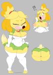  ! 2018 ? animal_crossing anthro areola armwear blonde_hair breasts butt canine clothed clothing dog eyes_closed female grey_background hair hi_res isabelle_(animal_crossing) legwear mammal nintendo nipples open_mouth purple_yoshi_draws shih_tzu short_stack simple_background solo thick_thighs torn_clothing video_games wardrobe_malfunction 