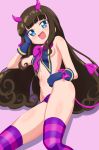  1girl :d arm_support bare_shoulders blue_eyes blue_gloves blush bow breasts brown_hair commentary_request curly_hair demon_girl demon_horns demon_tail fang gloves horns kurosu_aroma long_hair lying navel on_side open_mouth panties pink_background pretty_series pripara purple_bow purple_panties sideboob sincos small_breasts smile solo striped_clothes striped_thighhighs tail thighhighs thighs underwear very_long_hair 