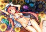  ;) \||/ aqua_eyes ball bangs barefoot bikini breasts commentary_request flower front-tie_bikini front-tie_top gloves hand_on_forehead hat light_blush long_hair looking_at_viewer lying medium_breasts navel one_eye_closed open_clothes open_shirt original pink_hair ship's_wheel short_sleeves side-tie_bikini smile solo striped striped_bikini sunflower swimsuit thigh_gap twintails untied untied_bikini wet white_gloves yellow_flower yuuki_yuu 