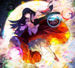  1girl black_hair branch cherry_blossoms danmaku floral_print frilled_sleeves frills frown full_moon hime_cut houraisan_kaguya jeweled_branch_of_hourai kuro_nasu long_hair moon pointing red_eyes red_footwear red_skirt skirt sky solo star_(sky) starry_sky touhou tree wide_sleeves 