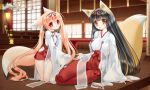  animal_ears black_hair blonde_hair blush breasts chihaya_(clothing) covered_nipples fox_ears fox_tail fusuma hair_ribbon hakama hakama_skirt highres hip_vent holding_hands indoors japanese_clothes kimono kneeling lantern large_breasts long_hair long_sleeves looking_at_viewer miko multiple_girls nakajima_konta red_eyes red_hakama ribbon ribbon-trimmed_clothes ribbon-trimmed_sleeves ribbon_trim rikka_(snow_fox) sandals setuka_(snow_fox) shouji shrine sideboob sitting sliding_doors snow_fox stairs tabi tail twintails very_long_hair wide_sleeves wooden_floor yellow_eyes yokozuwari 