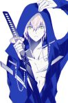  66_(roro) blade collarbone hair_between_eyes holding holding_weapon hood hoodie katana looking_at_viewer male_focus manbou_no_ane original pale_skin parted_lips pectorals pink_hair sheath sheathed shirtless solo sword upper_body weapon yellow_eyes 