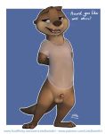  animal_genitalia arin_(letodoesart) balls bedroom_eyes blue_eyes bottomless brown_fur clothed clothing dialogue english_text fur half-closed_eyes letodoesart male mammal mustelid naughty_face otter penis penis_tip pose seductive sheath shirt solo text wet_shirt whiskers 