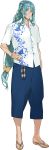  blue_eyes blue_hair blue_pants bracelet casual chiyoganemaru full_body hand_on_hip highres jewelry kariyushi_shirt long_hair looking_at_viewer low-tied_long_hair manta_ray namaniku_atk official_art pants sandals shirt smile solo t-shirt tassel touken_ranbu transparent_background 