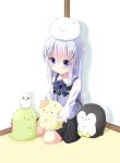  angora_rabbit animal animal_on_head black_legwear black_skirt blue_bow blue_vest blush bow bunny closed_mouth collared_shirt gochuumon_wa_usagi_desu_ka? highres holding holding_stuffed_animal indoors kafuu_chino kneehighs kouda_suzu long_sleeves looking_at_viewer on_floor on_head rabbit_house_uniform seiza shirt sitting skirt sleeves_past_wrists smile stuffed_animal stuffed_cat stuffed_dragon stuffed_penguin stuffed_toy tippy_(gochiusa) uniform vest waitress white_shirt 