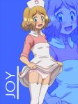  1girl alternate_costume awa blonde_hair blue_background blue_eyes blush breasts character_name cosplay dress dress_lift english_text eyebrows_visible_through_hair female flashing garter_straps hands_up hat joy_(pokemon) joy_(pokemon)_(cosplay) lifted_by_self looking_at_viewer nurse_cap open_mouth panties pink_panties poke_ball_theme pokemon pokemon_(anime) pokemon_xy_(anime) serena_(pokemon) shiny shiny_hair short_hair simple_background small_breasts smile solo standing thighhighs underwear white_dress white_hat white_legwear zoom_layer 