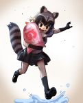  :d animal_ears bag black_footwear black_gloves black_hair black_neckwear black_skirt brown_eyes commentary_request common_raccoon_(kemono_friends) cotton_candy eyebrows_visible_through_hair fang fur_collar gloves grey_hair highres holding holding_bag japari_symbol kemono_friends miniskirt multicolored_hair open_mouth pantyhose raccoon_ears raccoon_tail short_sleeves skirt smile solo splashing tail takami_masahiro white_hair white_legwear 