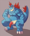  2018 3_fingers 3_toes animal_genitalia belly biceps claws crocodilian crouching digital_media_(artwork) feral feraligatr fin genital_slit half-erect male muscular muscular_male nintendo nude nuroi pecs penis pok&eacute;mon pok&eacute;mon_(species) reptile scalie simple_background slit slit_fingering slit_play smile solo spread_legs spreading standing teeth thick_tail toes tongue tongue_out vein video_games 