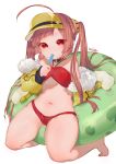  ahoge ass_visible_through_thighs azur_lane bangs bare_legs bare_shoulders barefoot bikini black_choker brown_hair choker commentary_request eyebrows_visible_through_hair food food_in_mouth fur-trimmed_jacket fur_trim hairpods halter_top halterneck hand_up holding holding_food innertube jacket karinto_yamada kneeling long_hair long_sleeves looking_at_viewer navel off_shoulder ping_hai_(azur_lane) popsicle puffy_long_sleeves puffy_sleeves red_bikini red_eyes side-tie_bikini signature simple_background solo swimsuit thighs toenails twintails very_long_hair visor_cap white_background yellow_jacket 