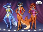  2018 4_toes 5_fingers anthro beauty_mark beauty_pageant bikini black_nose blue_eyes blue_fur blue_hair blush breasts brown_eyes canine carmelita_fox chest_tuft choker circlet cleavage clothed clothing collar curtains disney ear_piercing feet female footwear fox full_body fur group hair hairband handcuffs heresy_(artist) high_heels jewelry krystal looking_at_viewer maid_marian mammal nintendo orange_fur pageant piercing planet playstation red_hair robin_hood_(disney) shackles shoes skimpy sling_bikini sly_cooper_(series) stage star_fox swimsuit tail_wraps tattoo toes tuft video_games wraps 