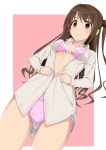  absurdres bangs bow bow_bra bow_panties bra brown_eyes brown_hair closed_mouth collared_shirt commentary cowboy_shot crotch_seam dress_shirt dutch_angle eyebrows_visible_through_hair highres idolmaster idolmaster_cinderella_girls k-ya. long_hair long_sleeves looking_at_viewer no_pants one_side_up outside_border panties pink_background pink_bra pink_panties shimamura_uzuki shirt smile solo standing unbuttoned unbuttoned_shirt underwear undressing white_shirt 