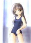  1girl adjusting_clothes adjusting_swimsuit blue_swimsuit blurry blurry_background blush female long_hair norizou_type-r one-piece_swimsuit school_swimsuit sketch solo standing swimsuit 
