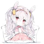  animal_ears animal_print azur_lane bangs bunny_ears bunny_print camisole chibi cottontailtokki eyebrows_visible_through_hair fur_trim hair_between_eyes hair_ornament hairband head_tilt highres jacket laffey_(azur_lane) long_hair long_sleeves looking_at_viewer open_clothes open_jacket pillow pink_jacket red_eyes red_hairband silver_hair solo twintails under_covers very_long_hair white_background white_camisole 