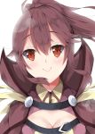  anna_(fire_emblem) bangs blush breasts brown_eyes brown_hair brown_jacket cleavage closed_mouth commentary eyebrows_visible_through_hair fire_emblem fire_emblem:_kakusei hair_between_eyes head_tilt high_collar high_ponytail jacket long_hair looking_at_viewer medium_breasts milkpanda open_clothes open_jacket ponytail portrait sidelocks simple_background smile solo white_background 